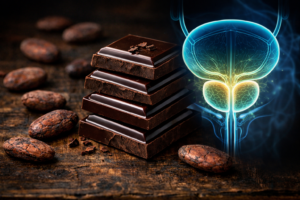 Dark chocolate squares next to a medical illustration of a healthy prostate gland