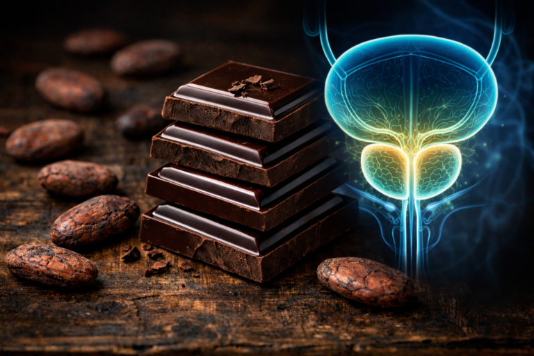 Dark chocolate squares next to a medical illustration of a healthy prostate gland