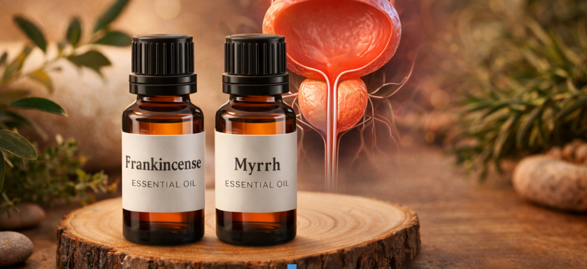 Bottles of Frankincense and Sandalwood essential oils for prostate health