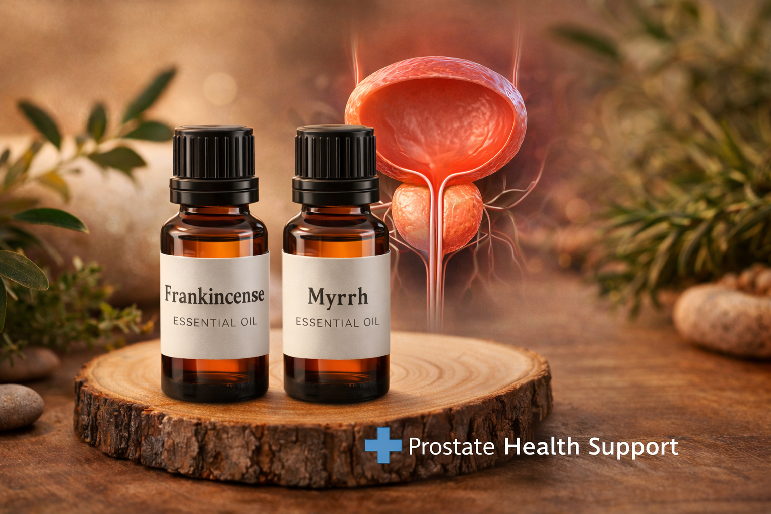 Bottles of Frankincense and Sandalwood essential oils for prostate health