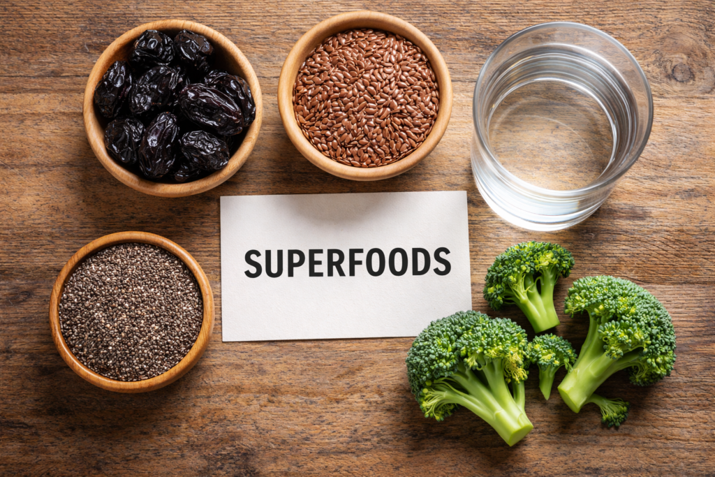 A table full of fiber-rich foods like prunes, flaxseeds, and leafy greens.