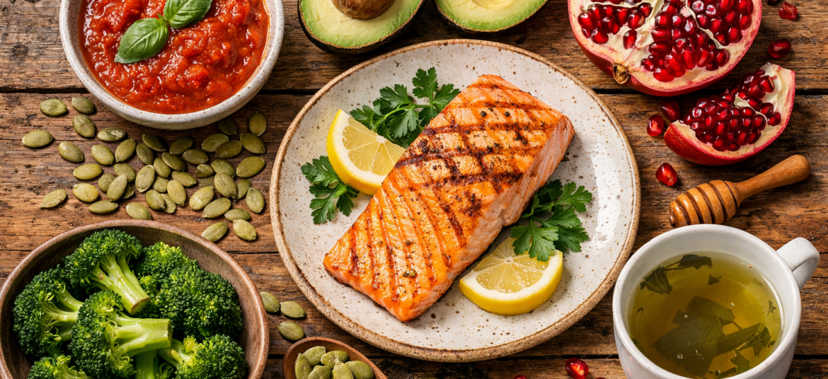 A flat lay display of the best foods to shrink prostate naturally, including tomatoes, salmon, pumpkin seeds, and broccoli on a wooden table.