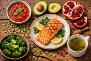 A flat lay display of the best foods to shrink prostate naturally, including tomatoes, salmon, pumpkin seeds, and broccoli on a wooden table.