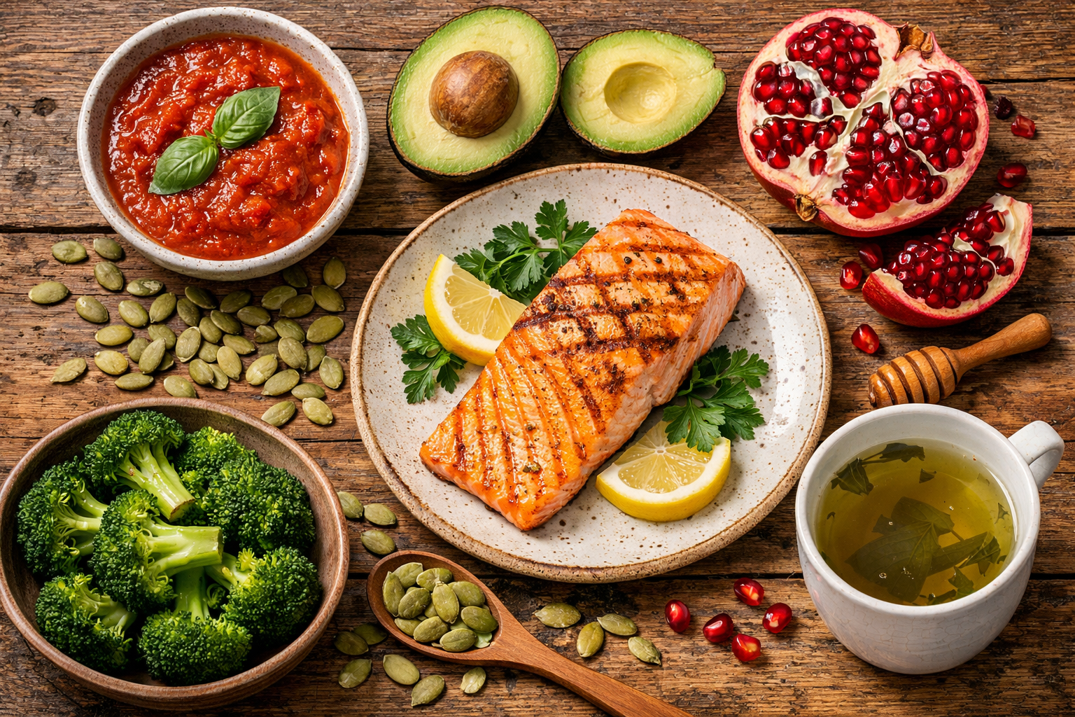 A flat lay display of the best foods to shrink prostate naturally, including tomatoes, salmon, pumpkin seeds, and broccoli on a wooden table.