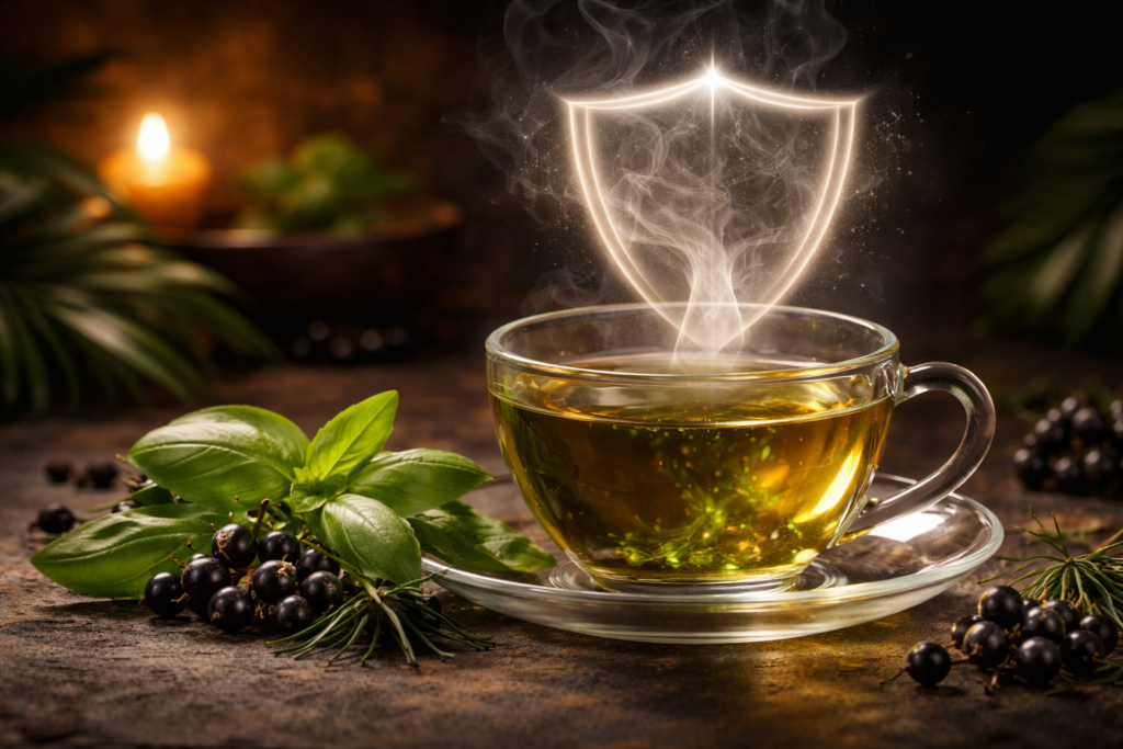 A cup of herbal tea with steam, surrounded by green herbs.