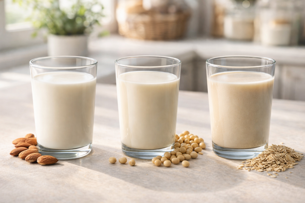 Bottles of Almond milk, Soy milk, and Oat milk as healthy alternatives for men with enlarged prostate.