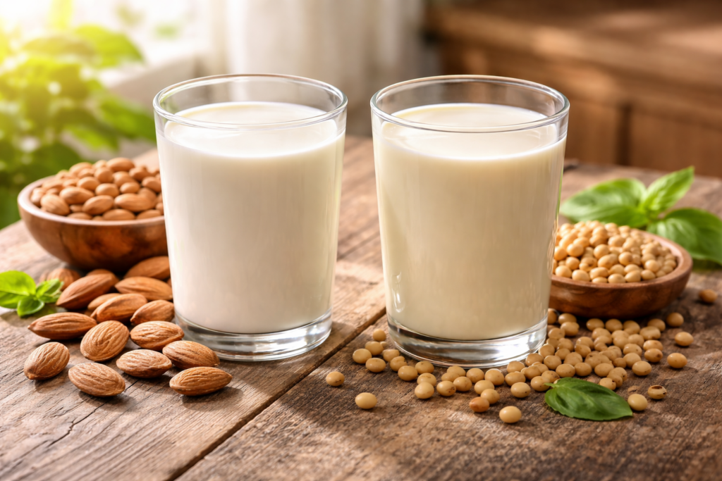 Bottles of organic almond milk and soy milk on a wooden table with raw almonds.