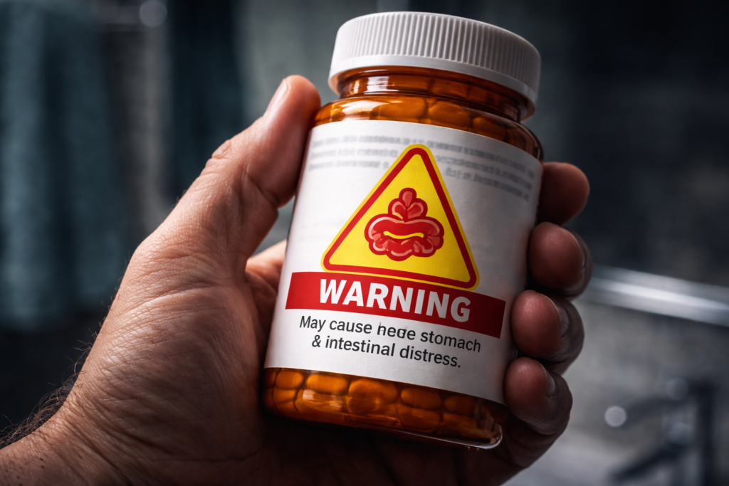 Close-up of a prescription pill bottle with a prominent red warning label related to constipation or gut blockage.