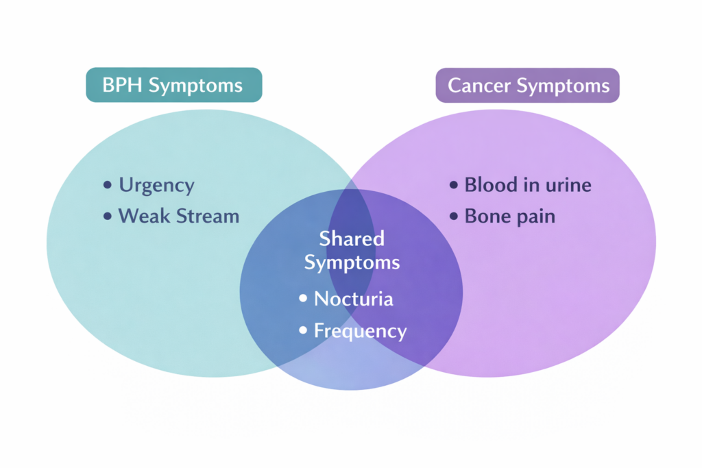 Venn diagram illustrating overlapping symptoms between BPH and prostate cancer like nocturia and frequency.