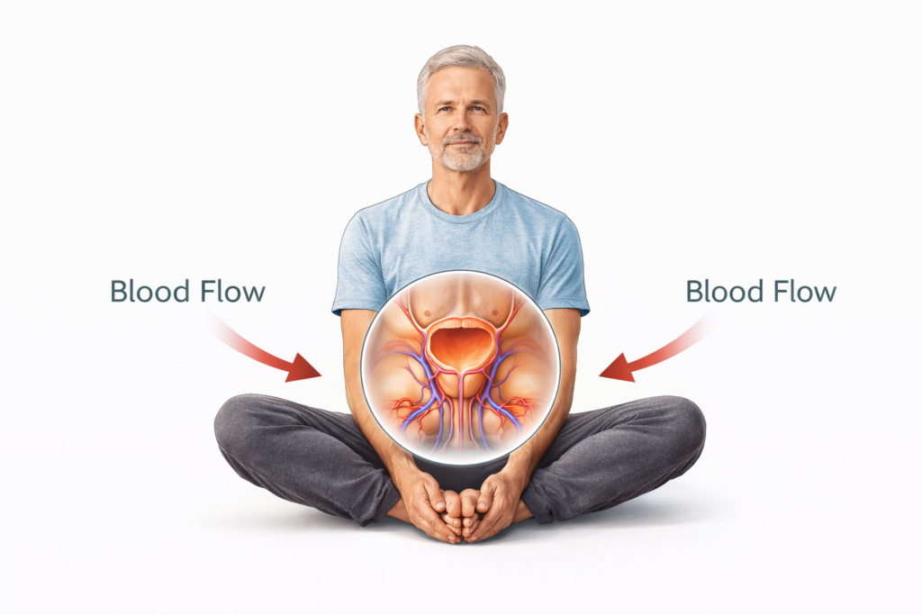 Illustration of a man doing the Cobbler Pose (Butterfly pose) to open hips