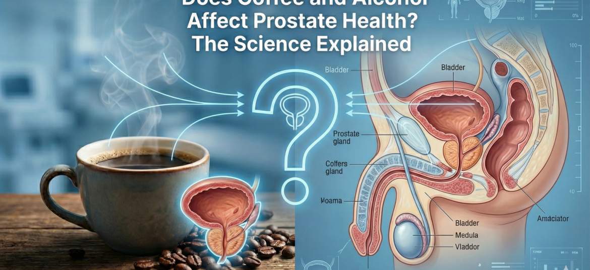Cup of coffee and alcohol glass comparing their effect on prostate health and BPH symptoms