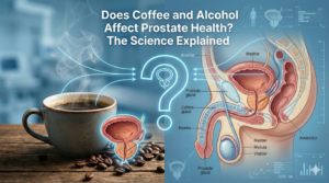 Cup of coffee and alcohol glass comparing their effect on prostate health and BPH symptoms