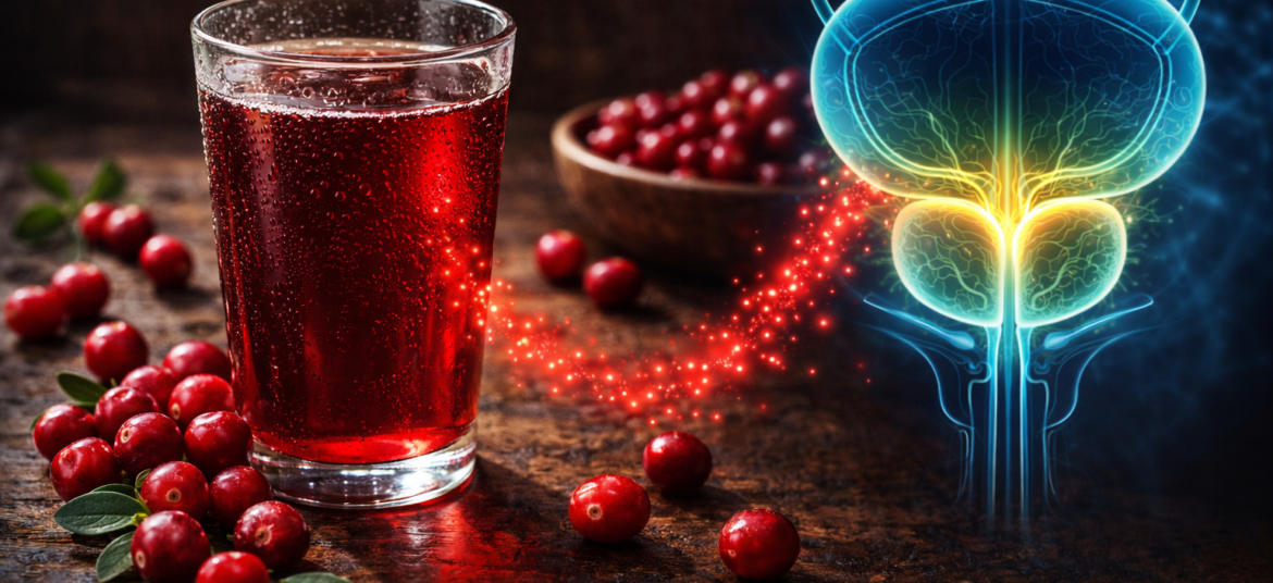 Glass of cranberry juice next to a medical diagram of a healthy prostate gland