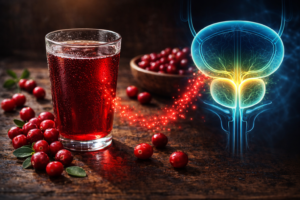 Glass of cranberry juice next to a medical diagram of a healthy prostate gland