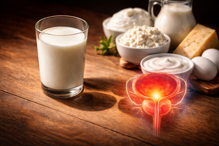 A glass of cow's milk representing the link between high dairy intake and prostate cancer risks.