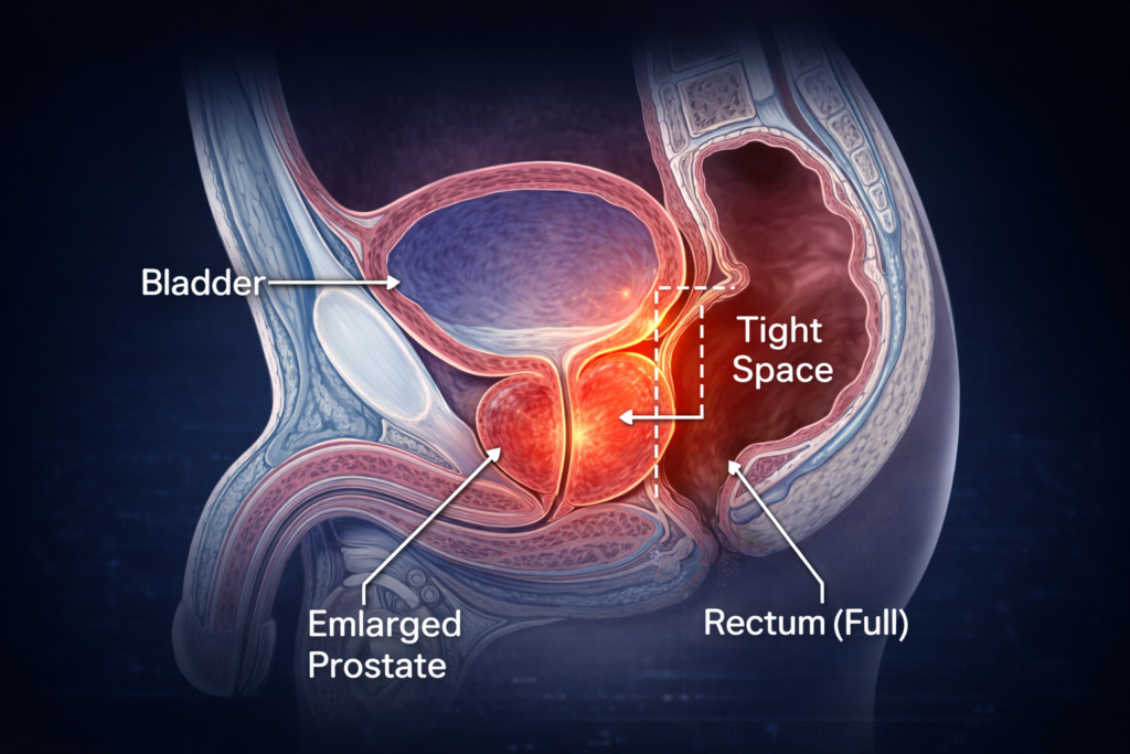 Anatomy illustration showing the close proximity of the prostate gland and the rectum.