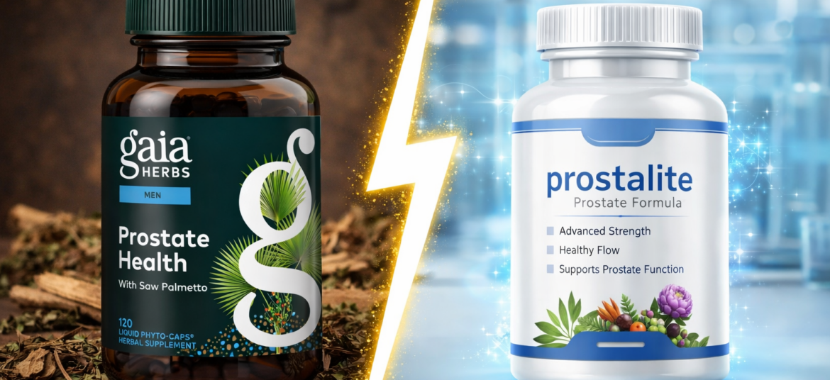 Split screen comparison showing Gaia Herbs Prostate Health bottle (traditional herbs) versus ProstaLite supplement (modern formula).