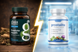 Split screen comparison showing Gaia Herbs Prostate Health bottle (traditional herbs) versus ProstaLite supplement (modern formula).
