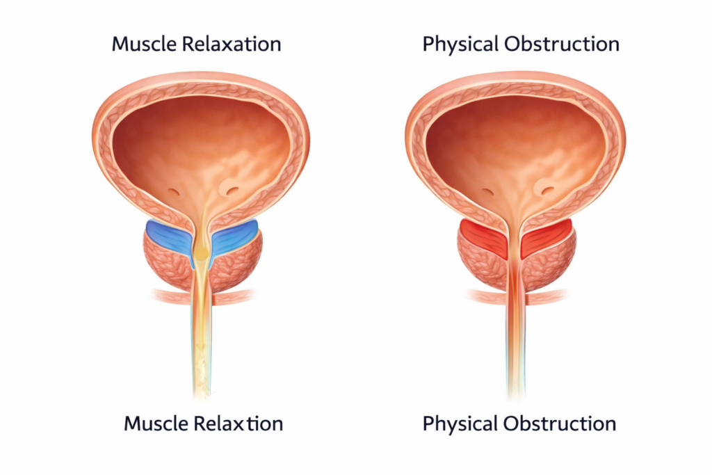 Medical illustration showing how alpha blockers relax the muscles around the prostate neck.
