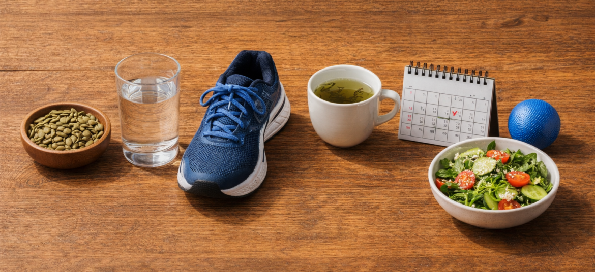 Creative display of lifestyle items for prostate health: pumpkin seeds, running shoes, green tea, and a calendar, illustrating how to shrink enlarged prostate naturally.