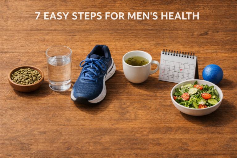 Creative display of lifestyle items for prostate health: pumpkin seeds, running shoes, green tea, and a calendar, illustrating how to shrink enlarged prostate naturally.