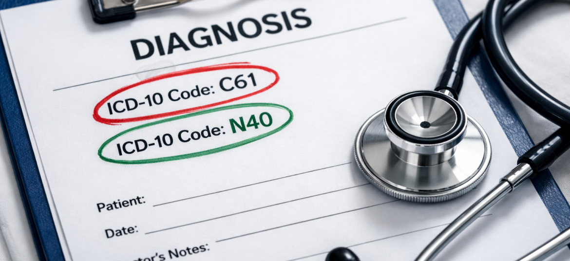 Medical diagnosis paper highlighting ICD-10 code C61 for prostate adenocarcinoma.
