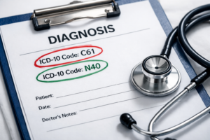 Medical diagnosis paper highlighting ICD-10 code C61 for prostate adenocarcinoma.