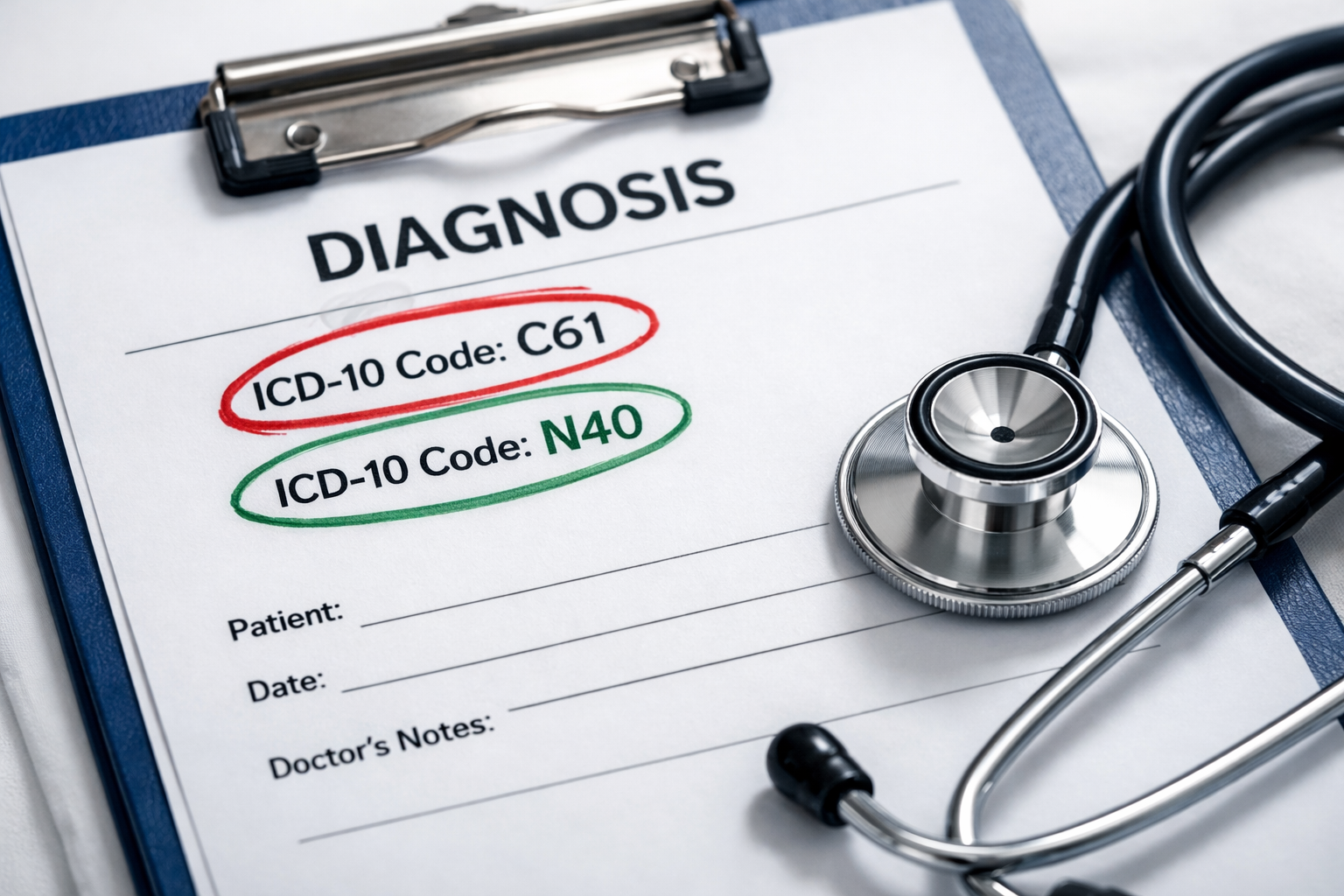 Medical diagnosis paper highlighting ICD-10 code C61 for prostate adenocarcinoma.