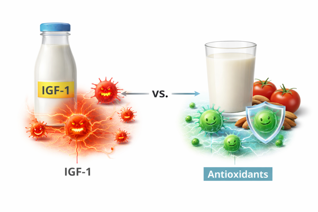 Diagram showing how IGF-1 growth hormone in milk stimulates prostate cell growth.