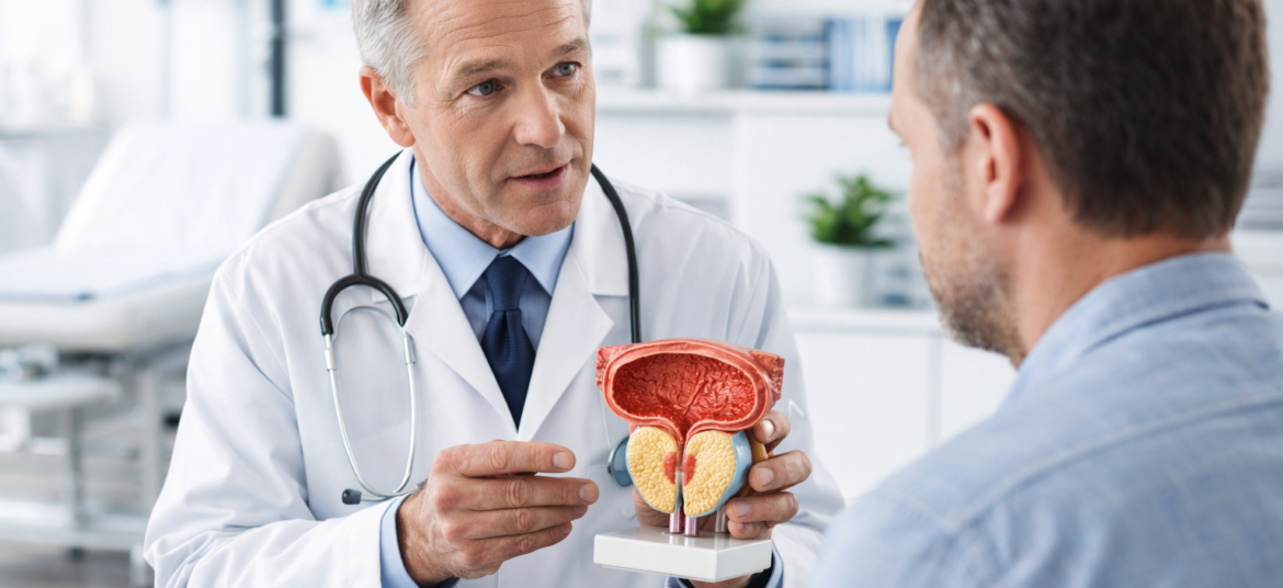 A urologist explaining the medical benefits and risks of prostate massage therapy to a patient.