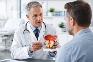 A urologist explaining the medical benefits and risks of prostate massage therapy to a patient.