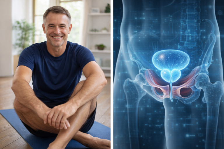 A middle-aged man doing pelvic floor exercises with an anatomical diagram of the prostate