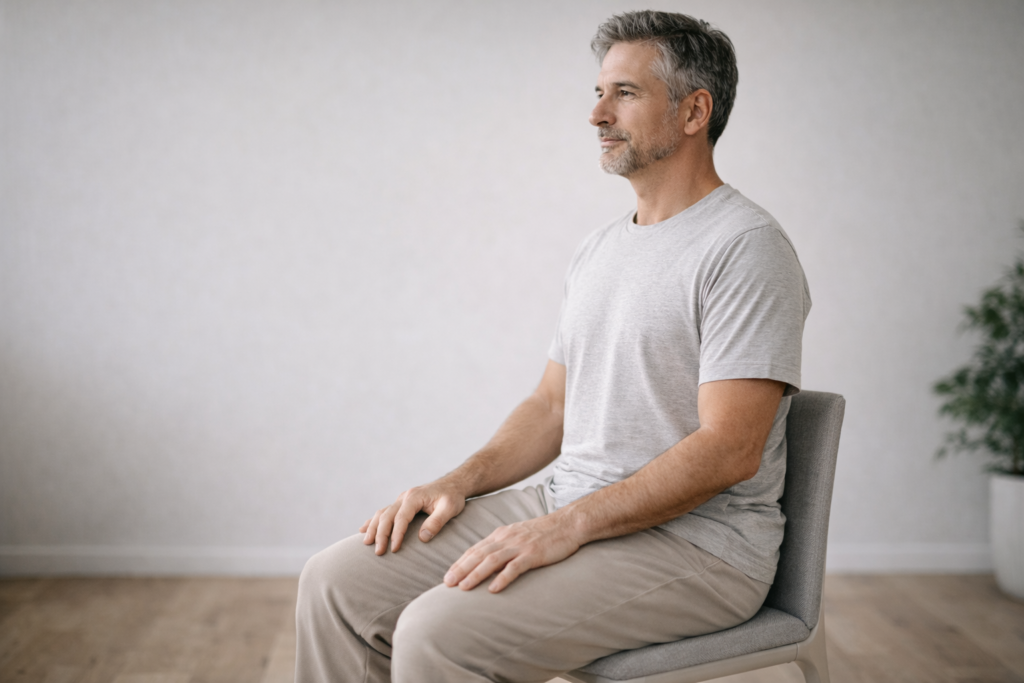 Proper seated posture to help identify pelvic floor muscles in men