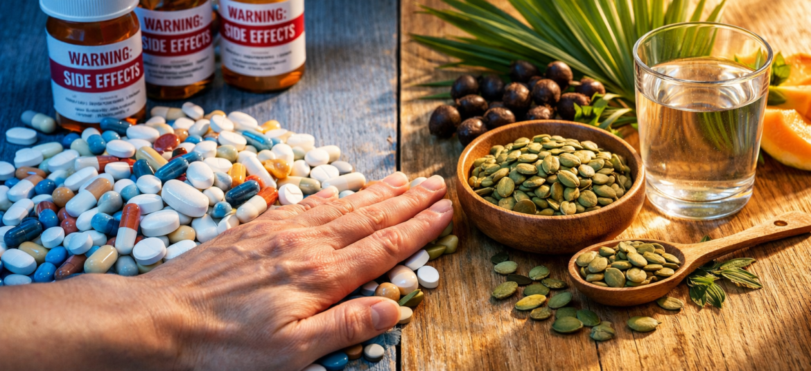 A split screen showing prescription pill bottles on one side and healthy natural ingredients on the other.