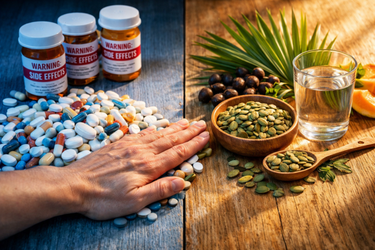 A split screen showing prescription pill bottles on one side and healthy natural ingredients on the other.