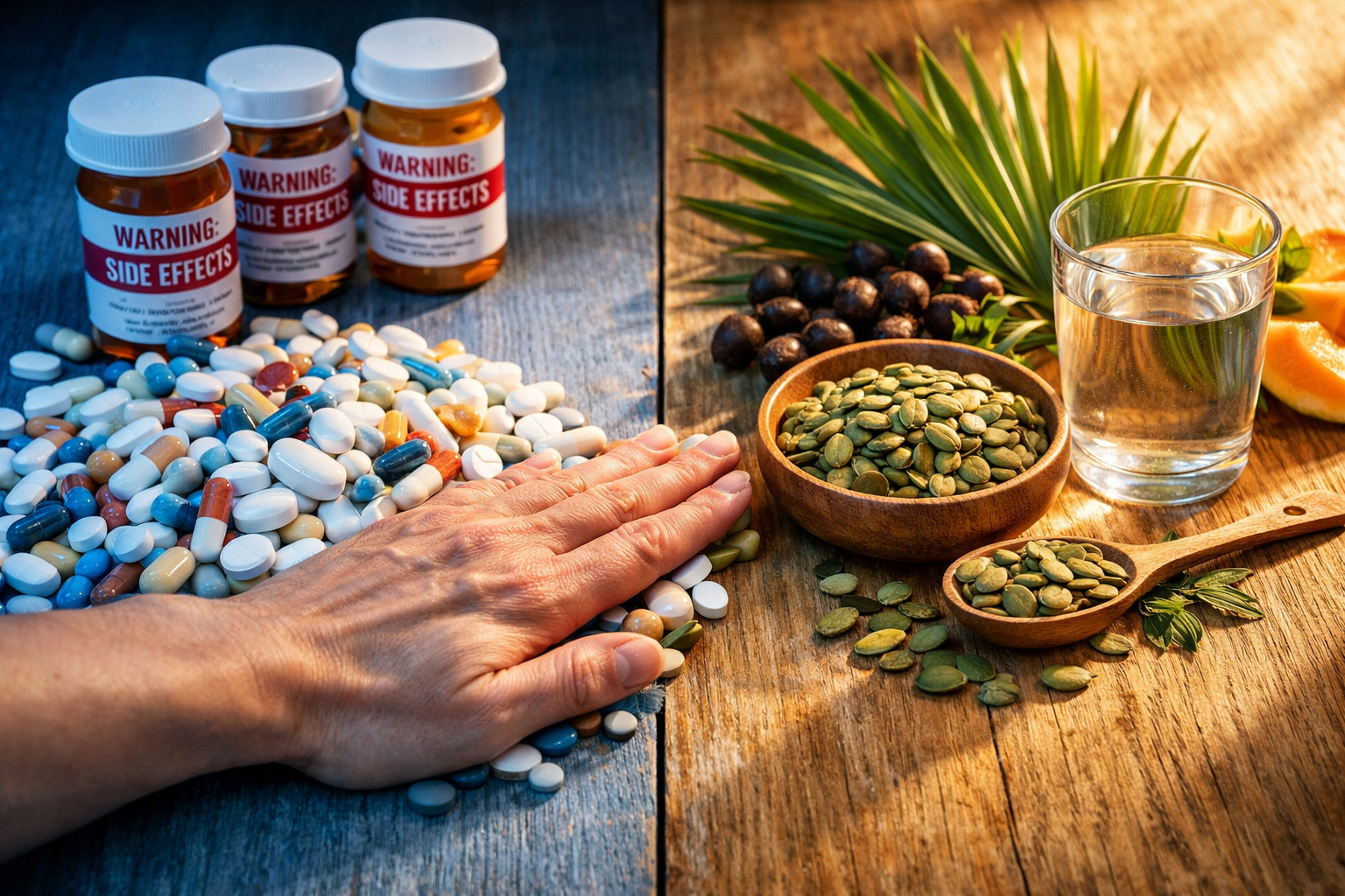 A split screen showing prescription pill bottles on one side and healthy natural ingredients on the other.