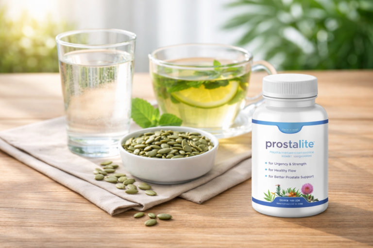 Healthy lifestyle essentials for prostate health: water, pumpkin seeds, and natural supplements.