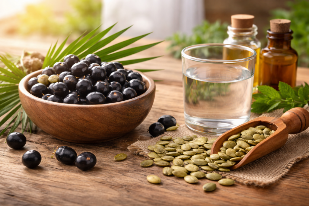 Natural ingredients for prostate health including saw palmetto berries and pumpkin seeds.