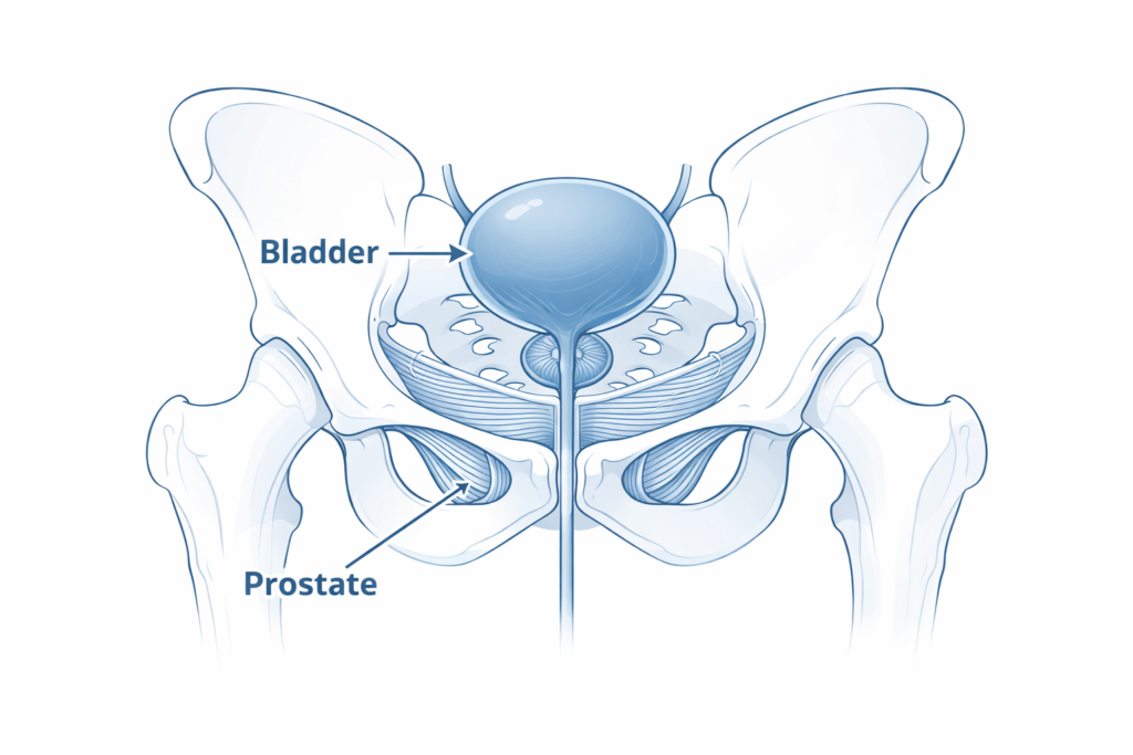 Medical illustration of male pelvic floor muscles, showing the anatomy for Kegel exercises to support bladder and prostate health.