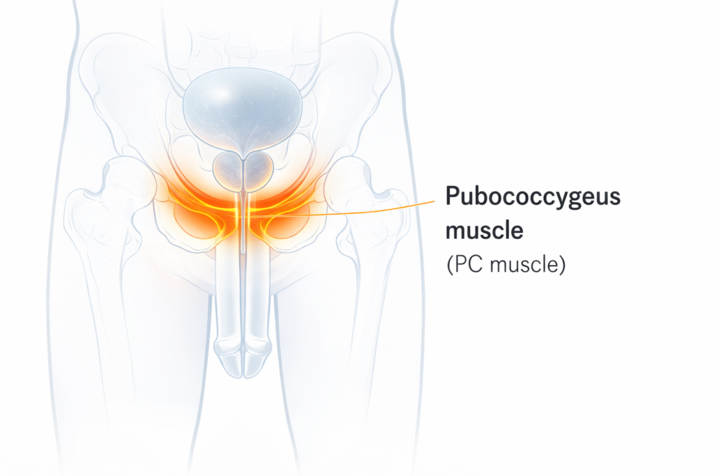 Illustration showing where the pelvic floor muscles are located in men.