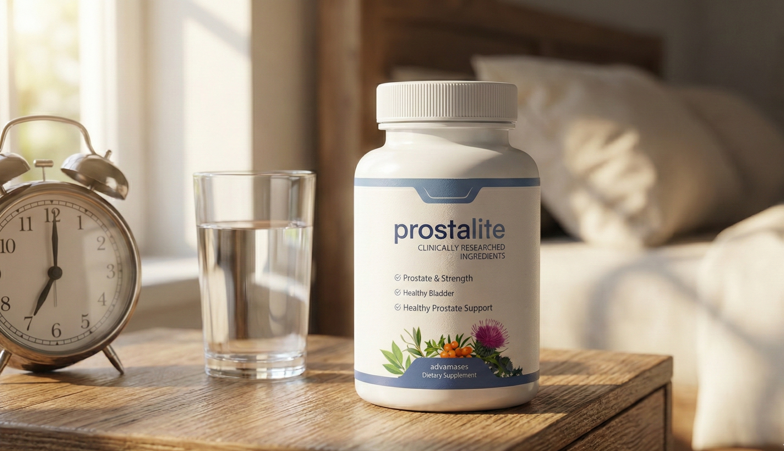 ProstaLite supplement bottle on a nightstand next to an alarm clock symbolizing uninterrupted sleep.