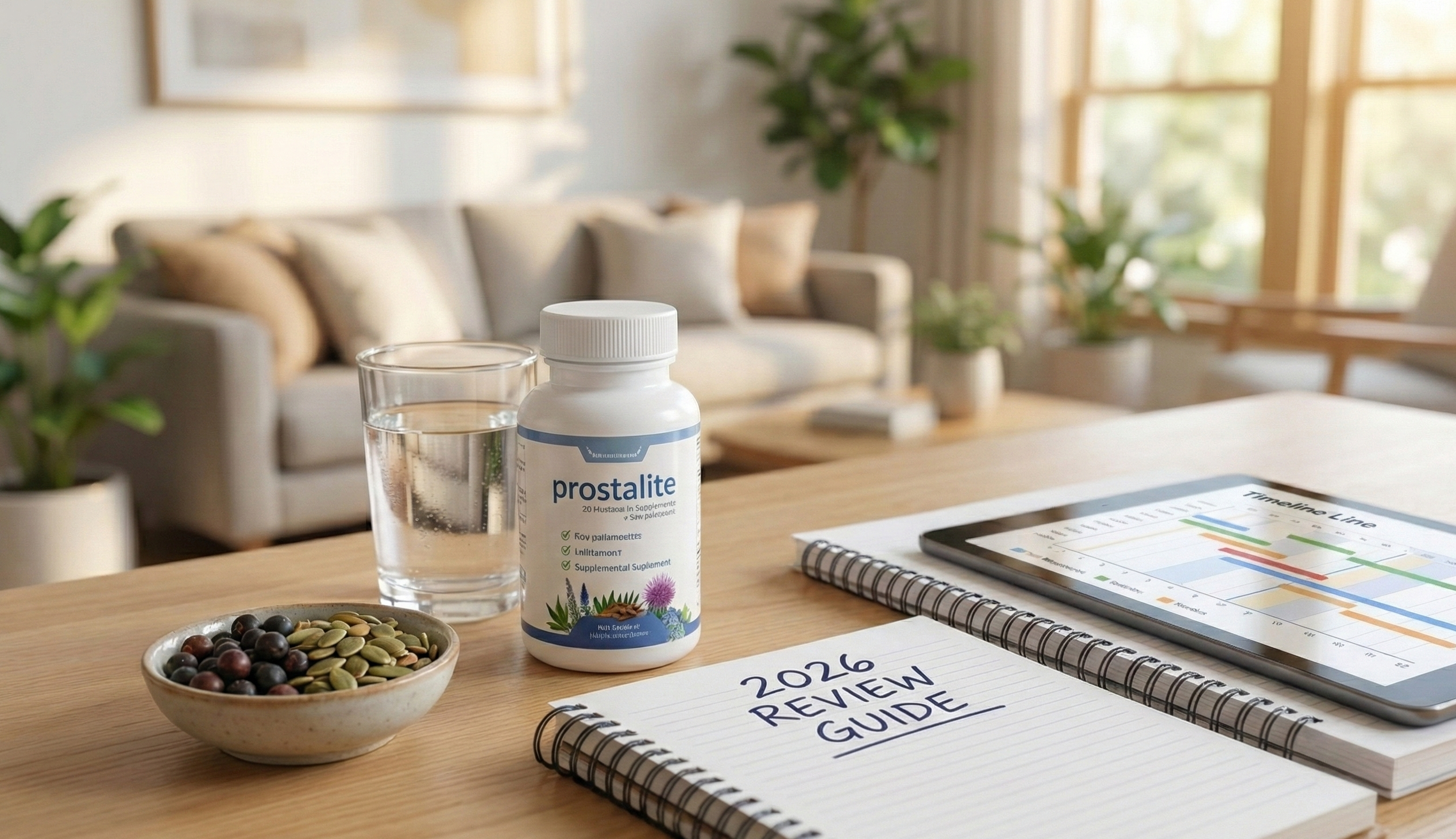 ProstaLite supplement bottle next to natural ingredients and a 2026 review guide notebook with a timeline chart