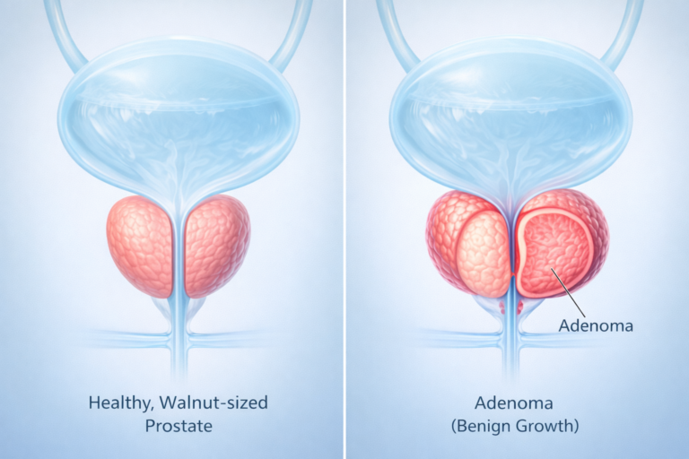 Medical illustration showing a prostate adenoma causing enlargement vs a normal prostate.