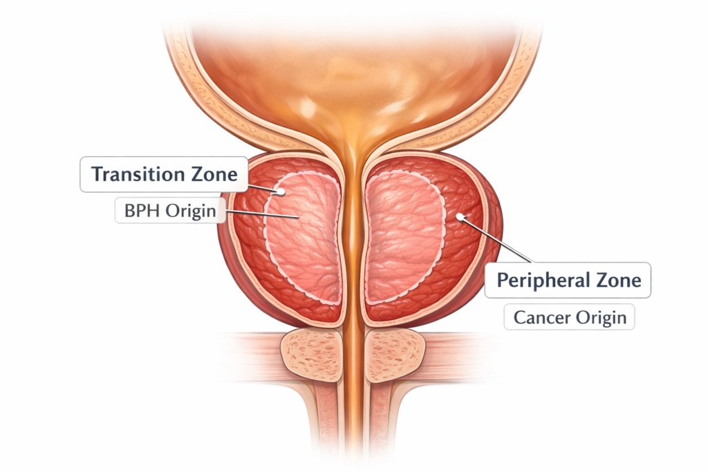Diagram of prostate anatomy highlighting the transition zone (BPH) and peripheral zone (Cancer).