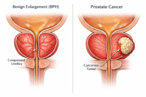 Side-by-side comparison of a benign enlarged prostate and a cancerous prostate tumor.