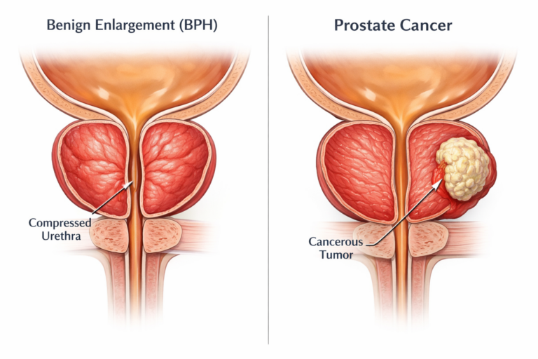 Side-by-side comparison of a benign enlarged prostate and a cancerous prostate tumor.