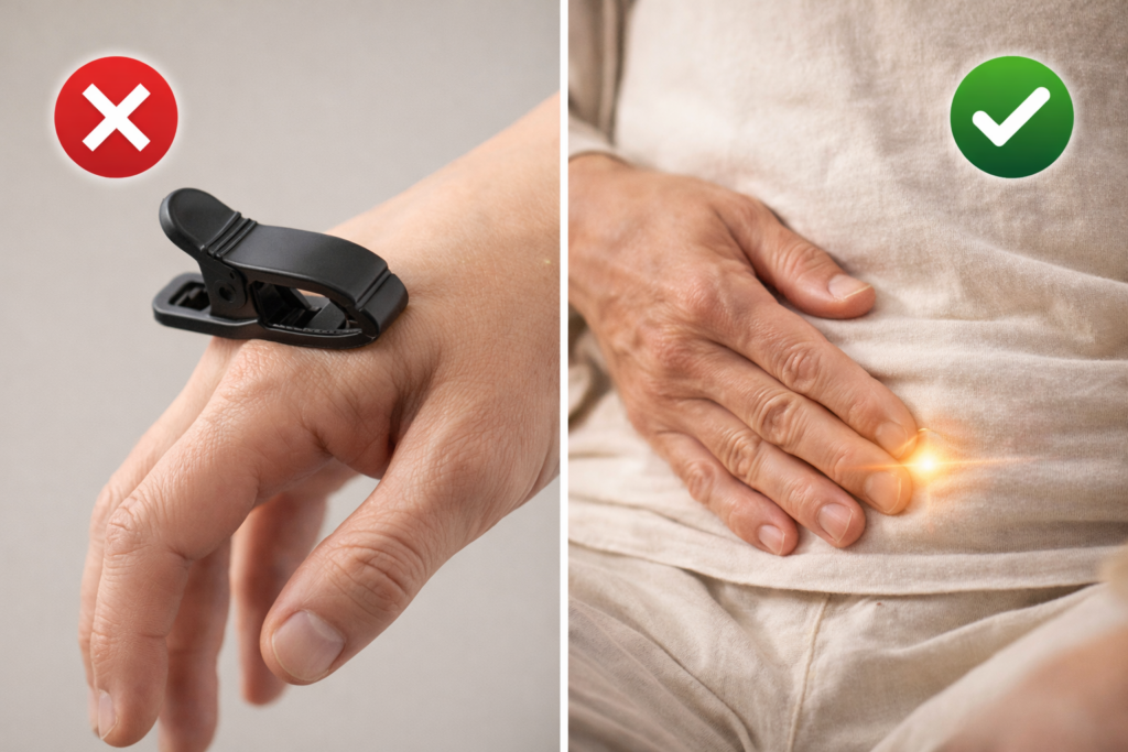 Comparison between a plastic hand clip and manual thumb massage.