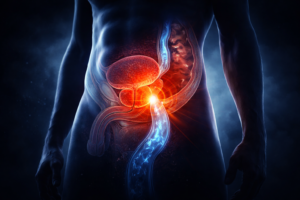 Cinematic visualization showing an enlarged red prostate blocking the digestive tract flow in a man's body.