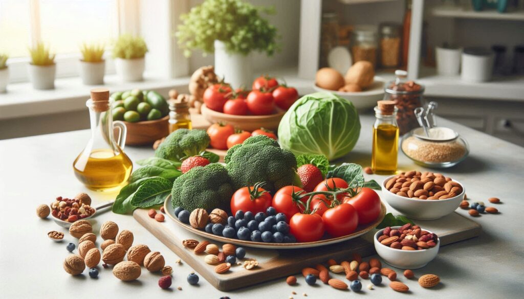Healthy foods associated with prostate health, including tomatoes, leafy greens, olive oil, and whole grains