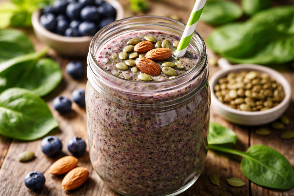 A glass of blueberry and spinach smoothie rich in zinc and antioxidants for men.